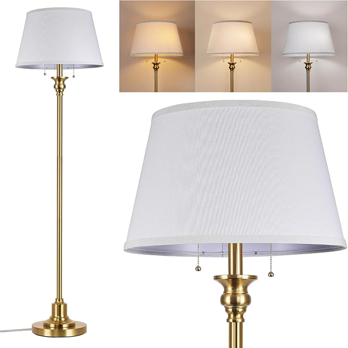 2-Light Floor Lamp for living room, 66.5'' Rustic Farmhouse Pole Lamp with Double Pull Chain, Mid Century Vintage Tall Standing Lamp for Bedroom Home Decor(3 Color Temperatures Bulb Included), Gold