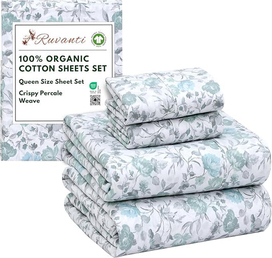 RUVANTI 100% Organic Cotton Sheets Queen Size, Percale Weave, GOTS Certified, 4-Piece Set, Deep Pocket 15", Crisp & Breathable, Soft Durable Bedding, Sábanas Algodón Orgánico – Cold Chrysanthemum