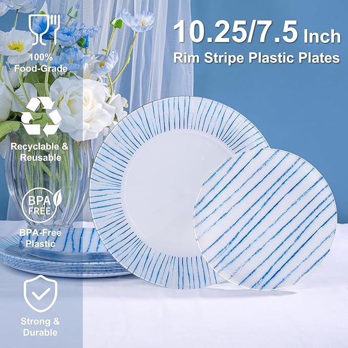 U-QE 20Pcs Blue Plastic Plates - Blue Stripes Hanukkah Plates Disposable Heavy Duty, Fancy Stripes Pattern Perfect for Hanukkah, Weddings, Tea Parties, Holidays - 10.25" Dinner & 7.5" Dessert Plate