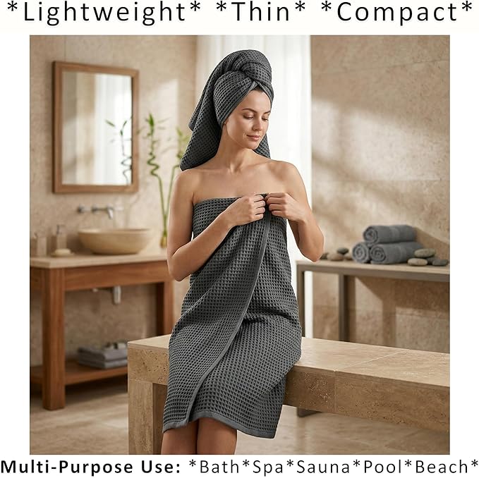 PÜSKÜL Natural 100% Turkish Cotton Waffle Bath Towels Set of 2-Piece | 32x63 inch Extra Large Absorbent Quick-Dry Lightweight Spa Towel | Luxury Sauna Accessories (Dark Gray Bath Towels - Pack of 2)