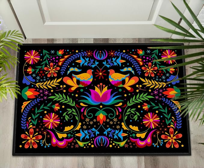 Mexican Talavera-Themed Door Mat Indoor Entrance Carpet Mexican Decor Doormat Black Entry Rug Non Slip 2x3 Washable Floor Mats Small Area Rug for Entryway, Kitchen, Bathroom, Bedroom