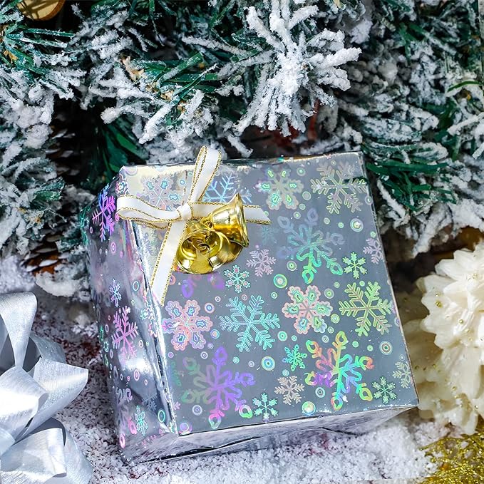 MAYPLUSS Christmas Holographic Foil Wrapping Paper - 17in x 120in Per Roll - Shiny Silver Snowflakes and Dots Design Iridescent Gift Wrap Paper for Christmas Wedding Winter Shower Holiday Celebration