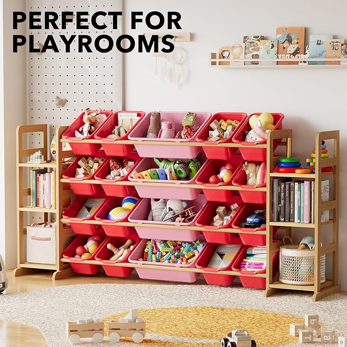 SpaceAid Toy Storage Organizer with 6 Shelves and 20 Bins, Toy Organizers Storage Bookshelf, Kids Bin Shelf Toys Box Bookcase for Bedroom Playroom Organization Room Decor, Red and Pink