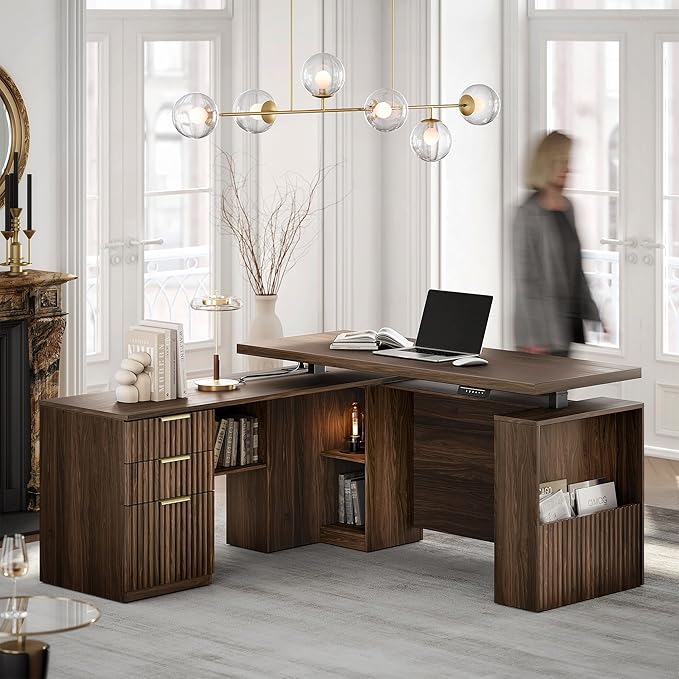 63 Inches L Shaped Standing Desk, Executive Standing Desk with Drawers and File Cabinet, AC/USB, 1.18" Desktop, Multi-sized Storage Cubby, Privacy Panel, Fluted Computer Desk, Black Walnut