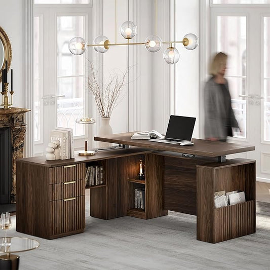 63 Inches L Shaped Standing Desk, Executive Standing Desk with Drawers and File Cabinet, AC/USB, 1.18" Desktop, Multi-sized Storage Cubby, Privacy Panel, Fluted Computer Desk, Black Walnut
