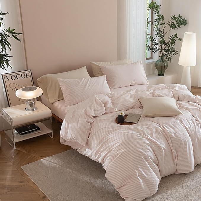 JIYUAN 100% Washed Cotton Striped Duvet Cover Set 3 Pieces King, 1 Duvet Cover and 2 Pillowcases(Comforter Not Included),Linen Like Comfy and Breathable,Pinstripes-Heathered Greyish Pink White
