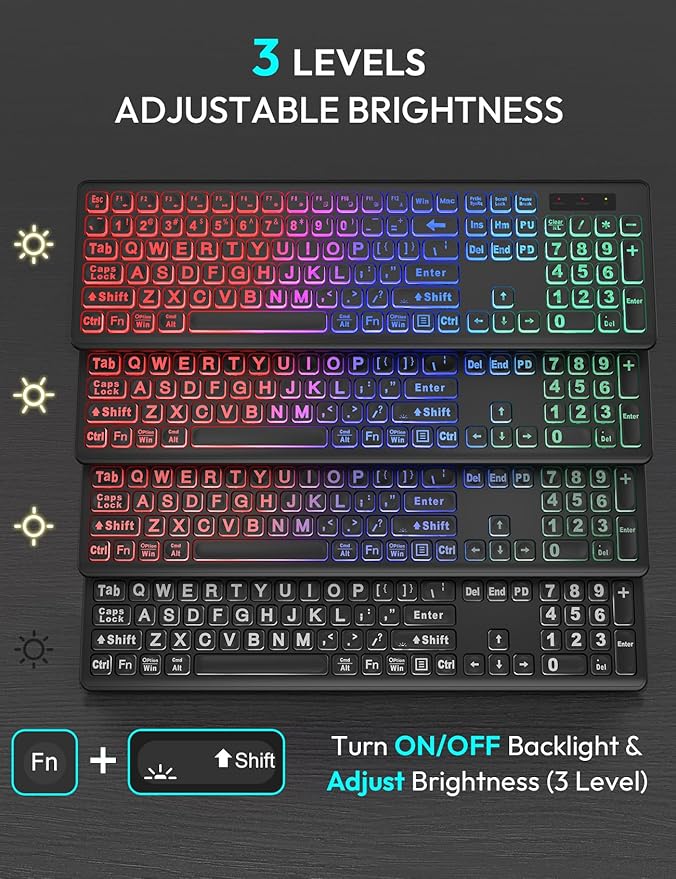 Wireless Keyboard and Mouse Combo, RGB Backlit, Rechargeable & Light Up Letters, Full-Size, Soft Typing, Sleep Mode, 2.4GHz Quiet Keyboard Set for Mac, Windows, Laptop, PC, Trueque (Matte Black)