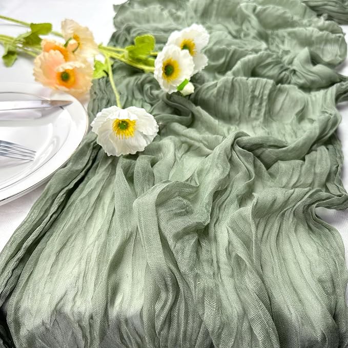 Booque Valley 3 Pack Sage Green Cheesecloth Table Runner 10ft Super Soft Boho Wrinkled Gauze Sheer Cloth for Baby Shower Baptism Birthday Party Wedding Centerpiece Table Decoration, 35x120 Inch