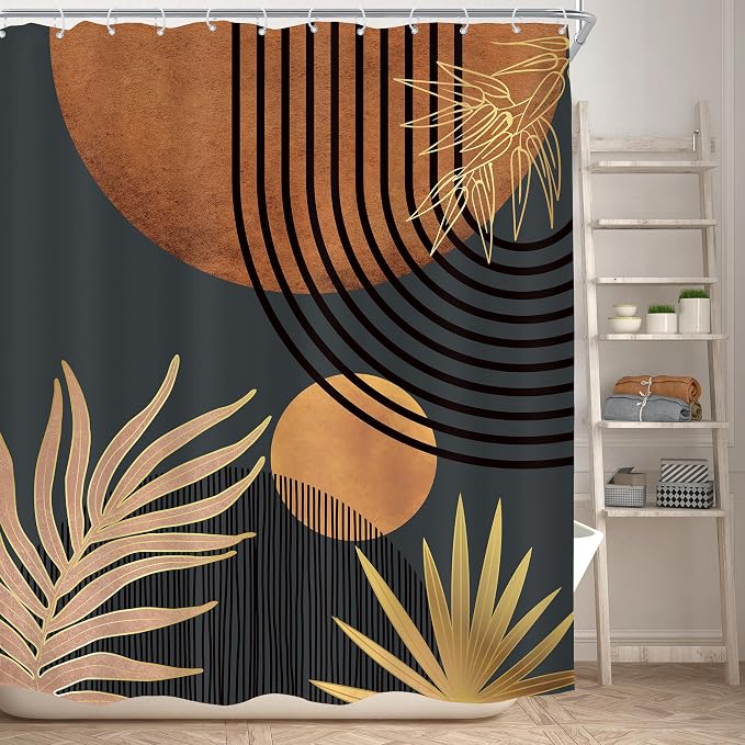 KOMLLEX Mid Century Brown Black Boho Shower Curtain 60Wx72L Inches Abstract Modern Shower Curtain for Bathroom Decor Plant Botanical Minimalist Arch Sun Fabric Liner Waterproof Polyester 12 Pack Hooks