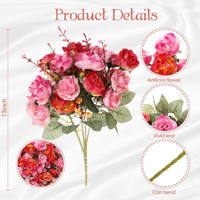 Geosar 8 Pcs Rose Artificial Flowers Fake Flowers Bouquet 21 Heads Silk Faux Floral Bundles with Stem for Home Bridal Wedding Arrangements Table Centerpieces Party Decor (Rose Red)