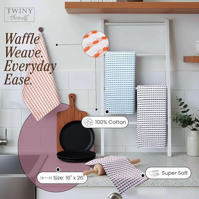 TWINY threads Multi Colors White Waffle Towels 4 Pack, 16x26 Inches Absorbent Waffle Weave Kitchen Dish Cloth Set, Durable & Machine Washable Tea Towel, Turquiose Blue, Orange, Burgundy, Indigo Blue