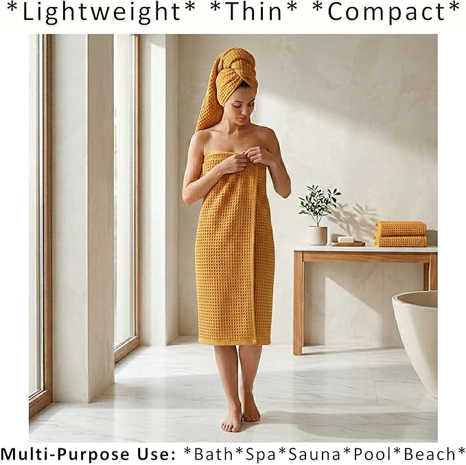 PÜSKÜL 4-Piece Natural 100% Turkish Cotton Luxury Waffle Towels for Bathroom | Premium Honeycomb Weave 2 Hand Towel & 2 Bath Towel Set | Soft Absorbent Quick-Dry Lightweight Towels (Mustrad Yellow)
