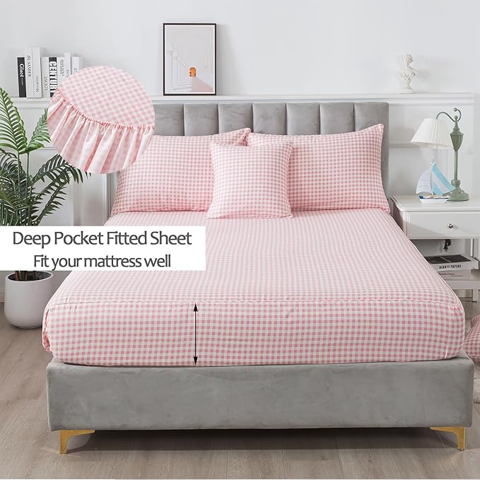 FADFAY Pink Plaid Twin Size Sheets 100% Cotton Geometric Checker Bedding Teens Grid White Gingham Pattern College Bedding Deep Pocket Sheets with 2 Pillowcases Ultra Soft 4pcs, Twin Size