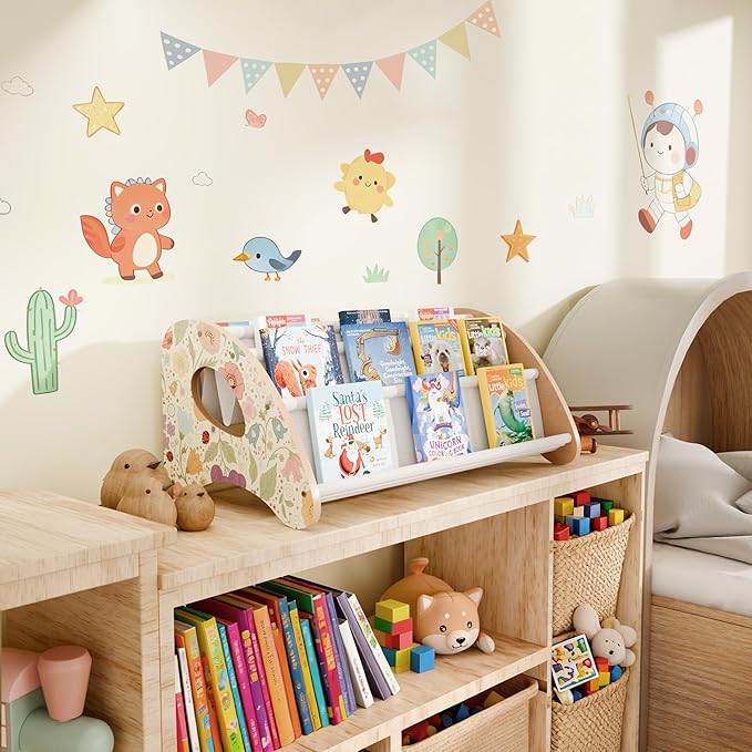 Toddler Bookshelf,4-Tier Book Rack Organizer with Fabric Storage Pockets, Wooden Bookshelves with Open Forward Display, Montessori Book Shelf for Nursery/Playroom, Natural Flower Design/White