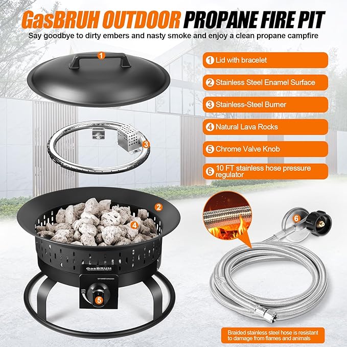 GasBRUH 19″ Outdoor Portable Propane Fire Pit with Grill Grate, Cover&Carry Kit,Fireplace,60,000 BTU Camping Propane Firepit,Portable Gas Fire Pit for Outside Patio,Camping,RV,Smokeless Gas Firebowl