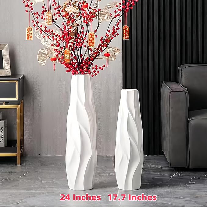 Floor Vase, GDSZJLJ 24 Inches Tall Ceramic White Large Decorative Vases for Modern Home Decor, Living Room, Minimalist Style Flower Vase for Pampas Grass, Flowers, Twigs, Office, Bedroom Décor