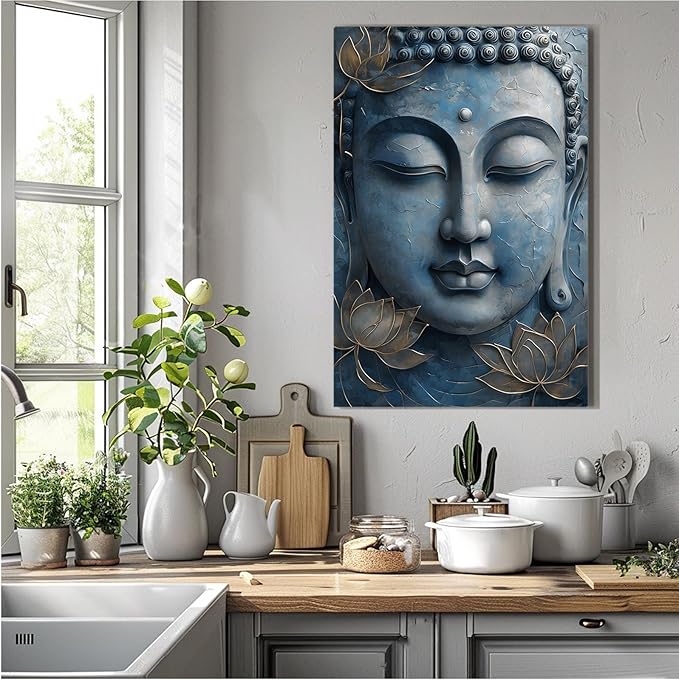 Canvas wall art Golden lotus crown Serene Buddha poster Ethereal blue toned art with delicate floral decor Zen wall art for a tranquil meditation space 12x18in Wood Framed