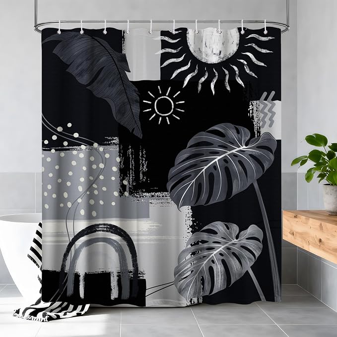 Small Stall Narrow Shower Curtain Black and Gray Stand Up Dark Black and Grey Abstract Shower Curtains for Rv Camper Bathroom Decor Sets, Waterproof Cloth Fabric with Hooks, 36 x 72 Inch