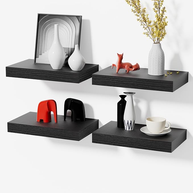 Black Floating Shelves for Wall Set of 4, 11.8 Inch Small Wall Shelves for Bathroom Over Toilet, Home Office & Bedroom Storage, Wall Mounted Shelf System for Decor, Books & Collectibles