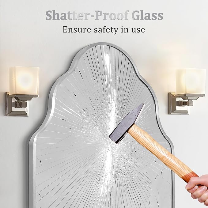 Scalloped Mirror for Bathroom - 20"x36" Silver Bathroom Mirror with Aviation Aluminum Alloy Frame & Shatter-Proof Glass for Living Room Bedroom Entryway, Brushed Silver Frame