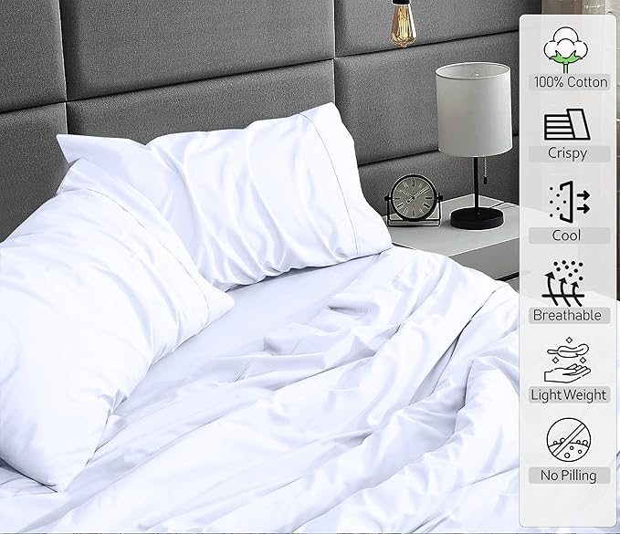 RUVANTI 100% Cotton Twin Sheets Set, 3 Pieces, Soft & Breathable Percale Weave Bedding, Deep Pocket 16", Hotel Standard, Crisp Cool Feel, Durable, Perfect Dyed Bed Sheet, Bright White