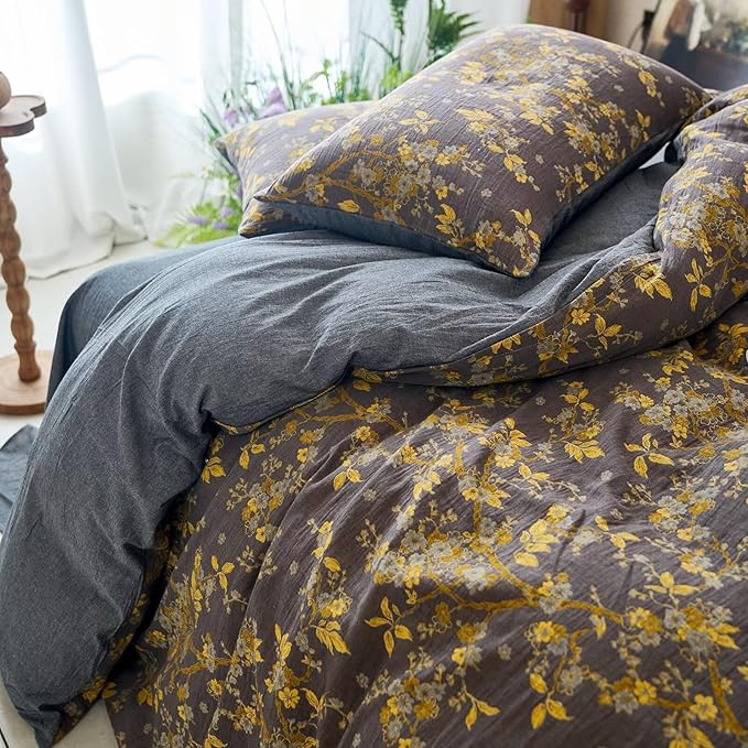 mixinni Vintage Floral Duvet Cover King Set - Gold Jacquard & Grey Reversible, 100% Yarn-Dyed Double-Layer Cotton, Breathable & Luxurious Farmhouse Bedding (3-Piece, Includes 2 Pillowcases)
