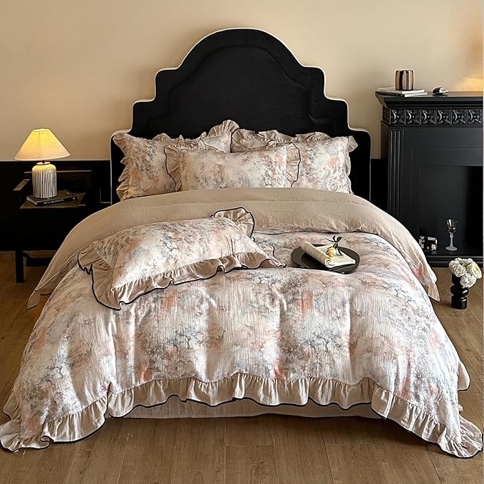 HighBuy Girl French Linen Duvet Cover Full Size,Coquette Ruffle Bedding Beige Jacquard Comforter Cover Set for College,Muslin Yarn-Dyed Cotton Cooling Bedding Set Breathable for Hot Sleepers