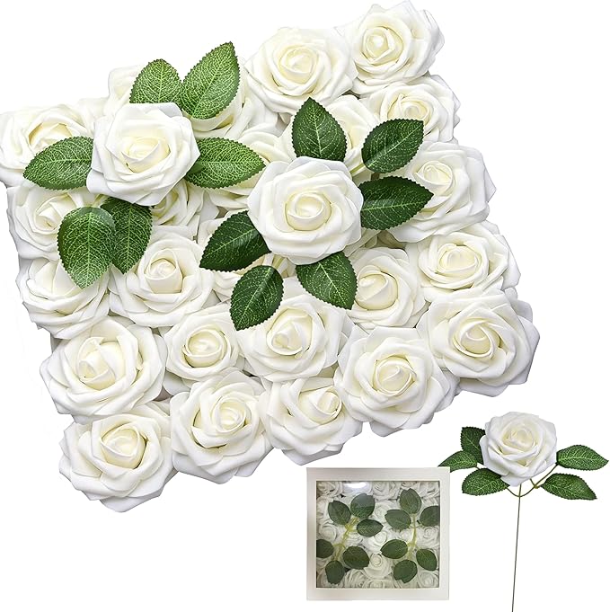 Ivory White Artificial Roses 25pcs, Real Looking Fake Foam Flowers with Stems for DIY Wedding Bridal Bouquets, Centerpieces, Party, Baby Shower, Christmas Decor