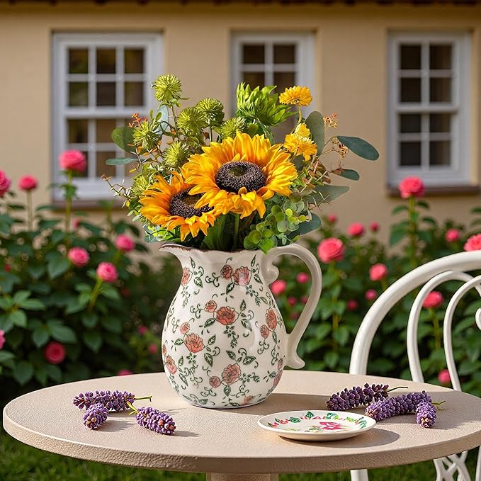 Green and Beige Vintage Vase with Handle,Red Rose Chinoiserie Vase,Farmhouse Antique Decorative Ceramic Vases for Home Decor,Bookshelf, Dining Table, Coffee Table,Mantel, Tuscan Decor (H8.05 Inch)