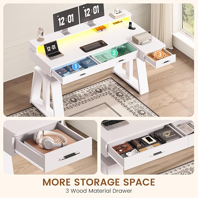 SEDETA 59 Inch L Shaped Electric Standing Desk with Drawers, Executive Adjustable Desk with Power Outlets, Monitor Stand, Sit Stand Computer Table for Home Office, White