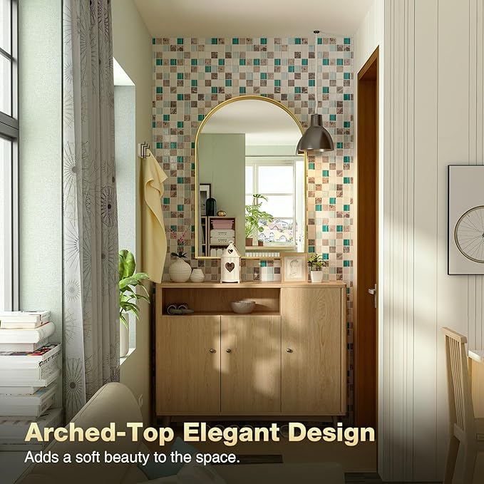 Brightify Arched Mirror, Arched Wall Mirror, 20 x 30 Inch Gold Arch Mirror, Metal Frame Gold Bathroom Mirror, Arched Top Bathroom Vanity Mirror for Living Room Bedroom Mantel Entryway Hallways