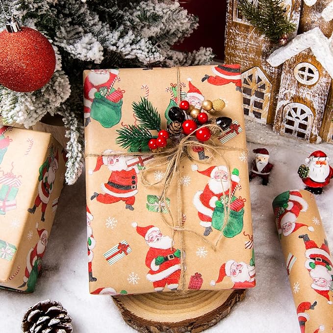Yarcony Santa Christmas Wrapping Paper Roll, Kraft Holiday Wrapping Paper, Recyclable Funny Red Rolls From North Christmas Gift Wrap for Winter Holiday Packaging, Party Decoration (17 Inch X 33 Feet)