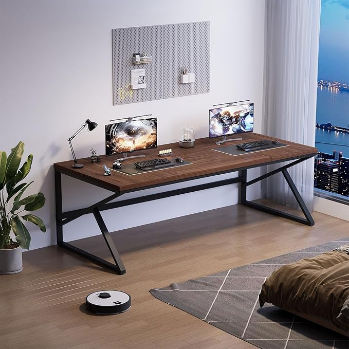 HSH 70 Inch Long Walnut Desk, 2 Person Large Work Desk for Home Office, Rustic Wood and Metal Executive Writing Study Gaming Computer Table, Modern Bedroom Living Room PC Laptop Dual Monitor Table