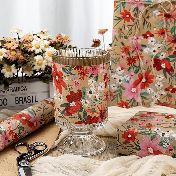 Burymento Kraft Daisy Flowers Wrapping Paper, Cut Auxiliary Line Design Gift Wrap for Baby Shower, Birthday, Valentines, Mothers day, Graduation, Wedding, Fathers day, Christmas (17 Inch X 32.8 Feet)