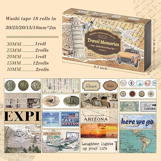 Auguro 18 Rolls Travel Washi Tape Set journaling Tape for Crafts and Journaling DIY Scrapbook Tape for journaling Scrapbooking Supplies washi Tape for Scrapbooking