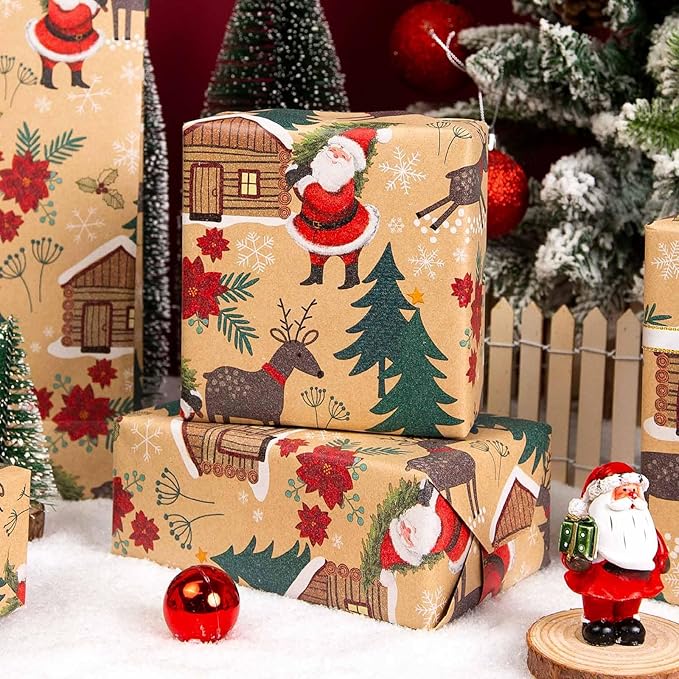 MAYPLUSS Christmas Wrapping Paper Roll - 17IN X 33FT - Kraft Gift Wrapping Paper Featuring Cute Santa Claus Christmas Tree Flower Reindeer Snowflake Reversible Cut Lines for Kids, Holiday, New Year