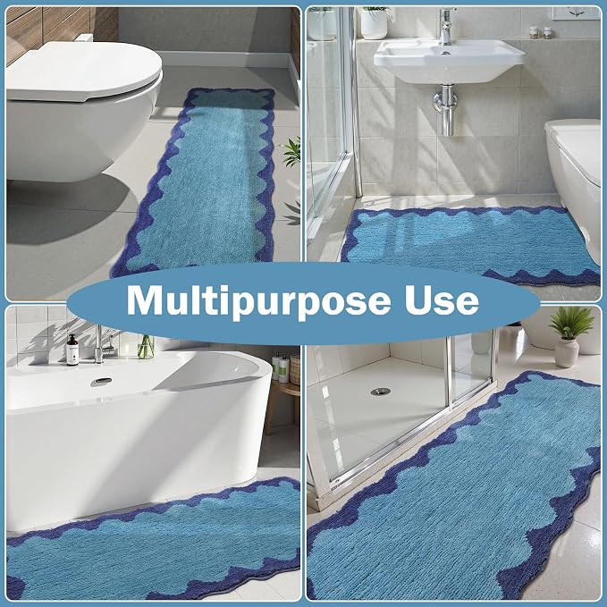 Uphome Bathroom Runner Rug, 24x60 Large Absorbent Cute Blue Bath Mat Non Slip Washable, Soft Scalloped Irregular Plush Microfiber Bath Runner for Floor, Bathtub, Sink