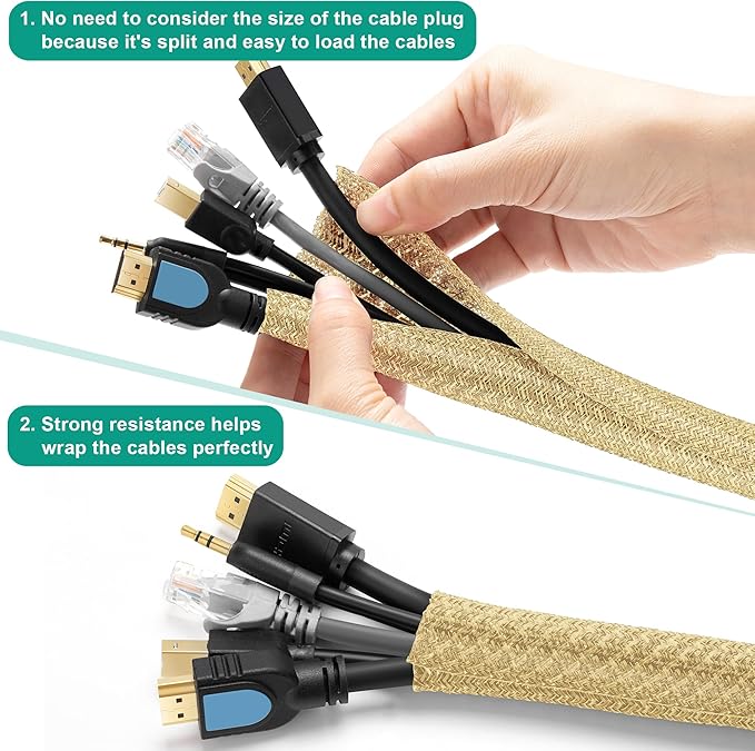 6.6ft - 1/2 inch Gold Cable Sleeve, Cable Organizer for Desk PC TV Computer, Wire Protector Cable Wrap Cover, Cord Management for Home Office