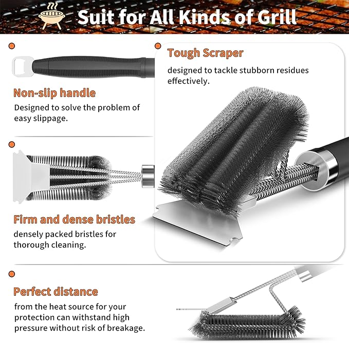 Grill Brush and Scraper-18 Adjustable Handle Safe BBQ Grill Brush for Outdoor Grill-Deep BBQ Clearning Brush wih Bottle Operner Extra Strong Grill Cleaner Accessories for Gas/Charcoal Grilling Grates