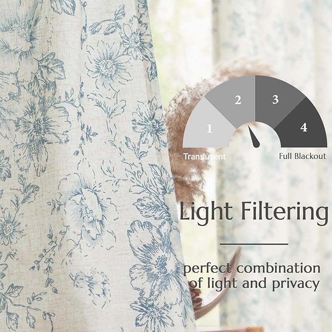 jinchan Linen Floral Curtains 100 Inch Extra Wide for Patio Sliding Glass Door Room Divider Curtain for Living Room 90 Inch Length Farmhouse Peony Blue Printed Curtain Set 1 Panel
