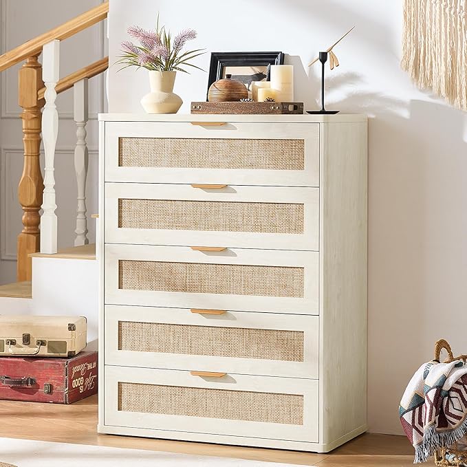 LEYAOYAO Rattan Dresser for Bedroom 41" Tall Chest of Drawers, Modern 5 Drawers Boho Dressers with Storage, Light Oak Dresser Wooden Closet Organizer for Living Room, Hallway, Grey White