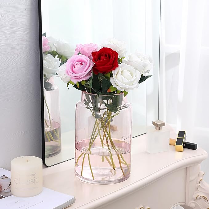 Large Glass Vase, 9 Inch Flower Vase, Glass Flower Vase for Bouquet, Wide Mouth Vase for Flowers, Pink Tall Vases, Large Vases for Home, Wedding, Living Room, Office Decor
