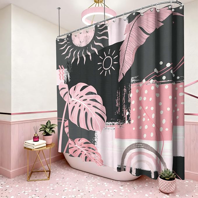 Extra Long Shower Curtain Extra Tall Pink and Gray XL Abstract Grey Bohemian Shower Curtains for Large Bathroom Decor Sets, Waterproof Cloth Fabric with Hooks, 108x72 Inch