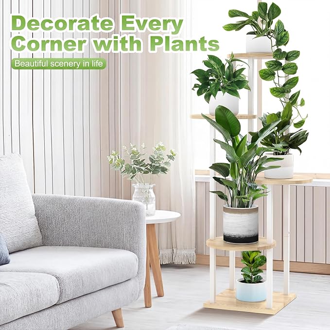 5 Tier Wood Tall Plant Stand Metal Rack Indoor, Multiple Flower Pot Holder Shelves Corner Rack, Round Planter Shelf Display Rack Storage Organizer for Patio Living Room Balcony(White+Oak)