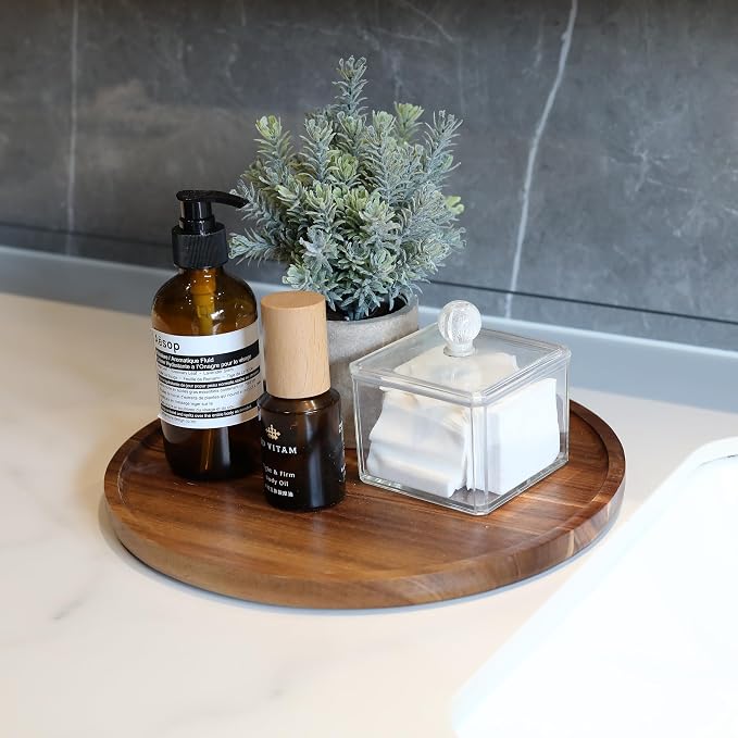 Round Wood Tray, Acacia Wooden Decorative Serving Tray for Coffee Table and Home Decor, Wooden Appetizer Charcuterie Board for Kitchen Countertop (9.8 inch)