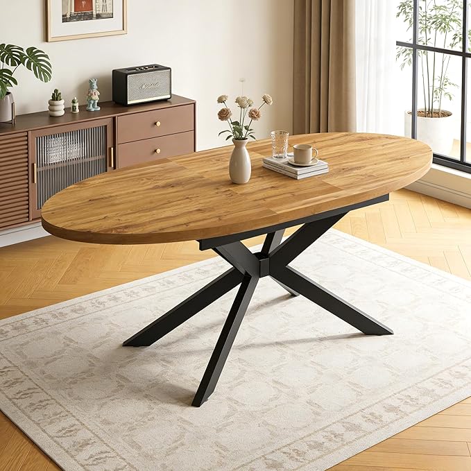 63"-78.7" Extendable Round Dining Table for 4-6 People, Mid Century Modern Oval Kitchen & Dining Room Table with Metal Frame, Large Folding Dining Table for Dining Living Room Space Saving, Walnut