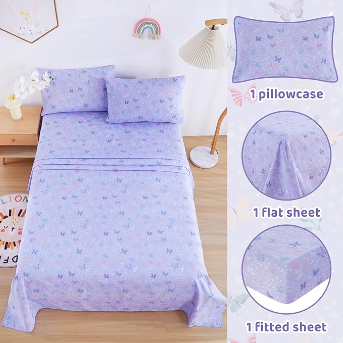 Viviland 3 Pieces Girls Light Purple Twin Sheet Set - Soft Microfiber Fitted Flat Sheets & Pillowcase - Butterfly Floral Printed Bedding Sets - for Kids & Toddlers