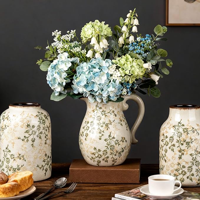 Fitous Green Chinoiserie Floral Vase, Ceramic Farmhouse Flower Vase, Creative Ice Cracked Vintage Vases for Home Decors, Cottage, Dining Coffee Table Centerpiece, Bookshelf, Tuscan Decor,8.3 Inch