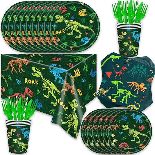 141pcs Dinosaur Birthday Decorations Kit Dinosaur Party Decorations with Trex Dino Plates, Cups, Forks, Knives, Straws,Napkins,Tablecloth for Boys Dino Themes Party Supplies Suitable for 20 Guests