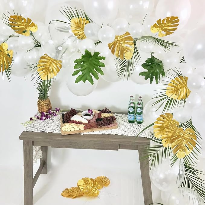 CCINEE 24PCS Golden Artificial Palm Leaves, 3 Sizes Faux Monstera Leaves Simulation Safari Leaves with Stems for Home Hawaiian Luau Party Jungle Beach Theme Party Decoration